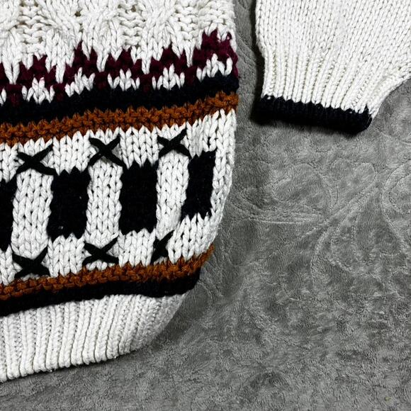 Vintage 90s Women's Cable Knit Sweater White Large Hand Knit Chunky Fisherman - Picture 2 of 8